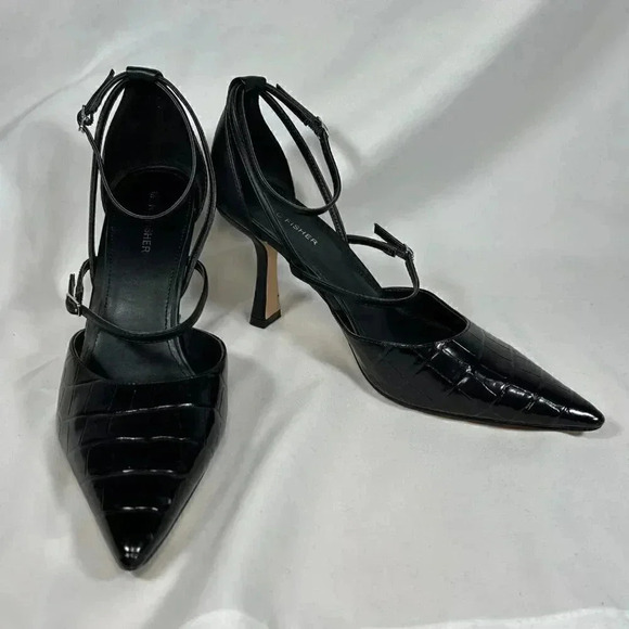 Marc Fisher Effort Pump Size 10 Pointed Toe Strappy Croc Embossed Leather Heel - Picture 1 of 10